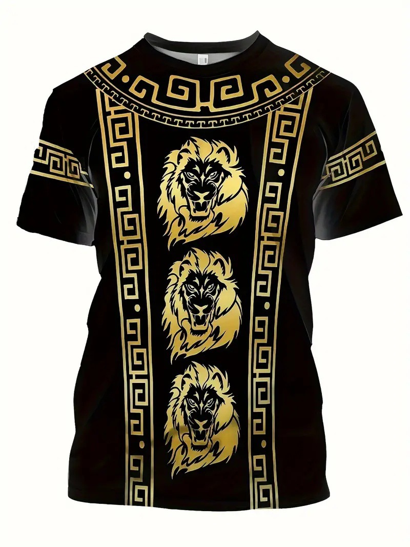 Camiseta de cuello redondo de manga corta transpirable de malla suelta de verano para hombre con estampado digital 3D con patrón de león dorado retro