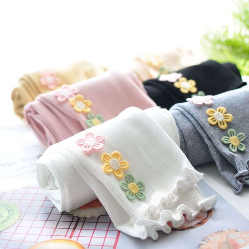 Girls' summer leggings, stylish and trendy Korean style floral ice silk ruffled elastic long pants