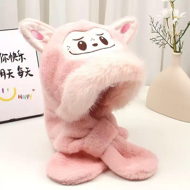 新品秋冬季拉布帽子围巾手套一体儿童护耳帽防风保暖宝宝毛绒帽子|undefined