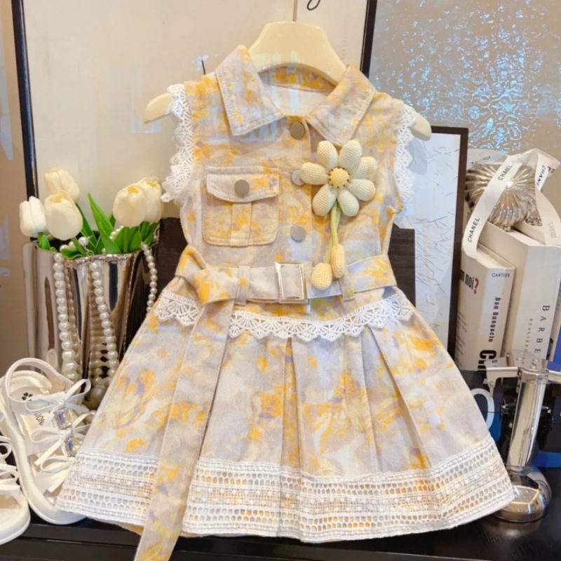 2025 新しい夏の女の赤ちゃんハイエンドプリントソフトデニムスプライシングスカートレースドレスノースリーブデニムスカート|undefined