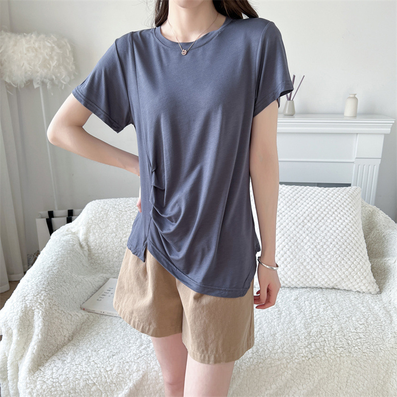 Modal Short-sleeved Round Neck T-shirt Women's Bitter Cotton Summer Thin Pinch Fold Loose Large Size Top Base Shirt