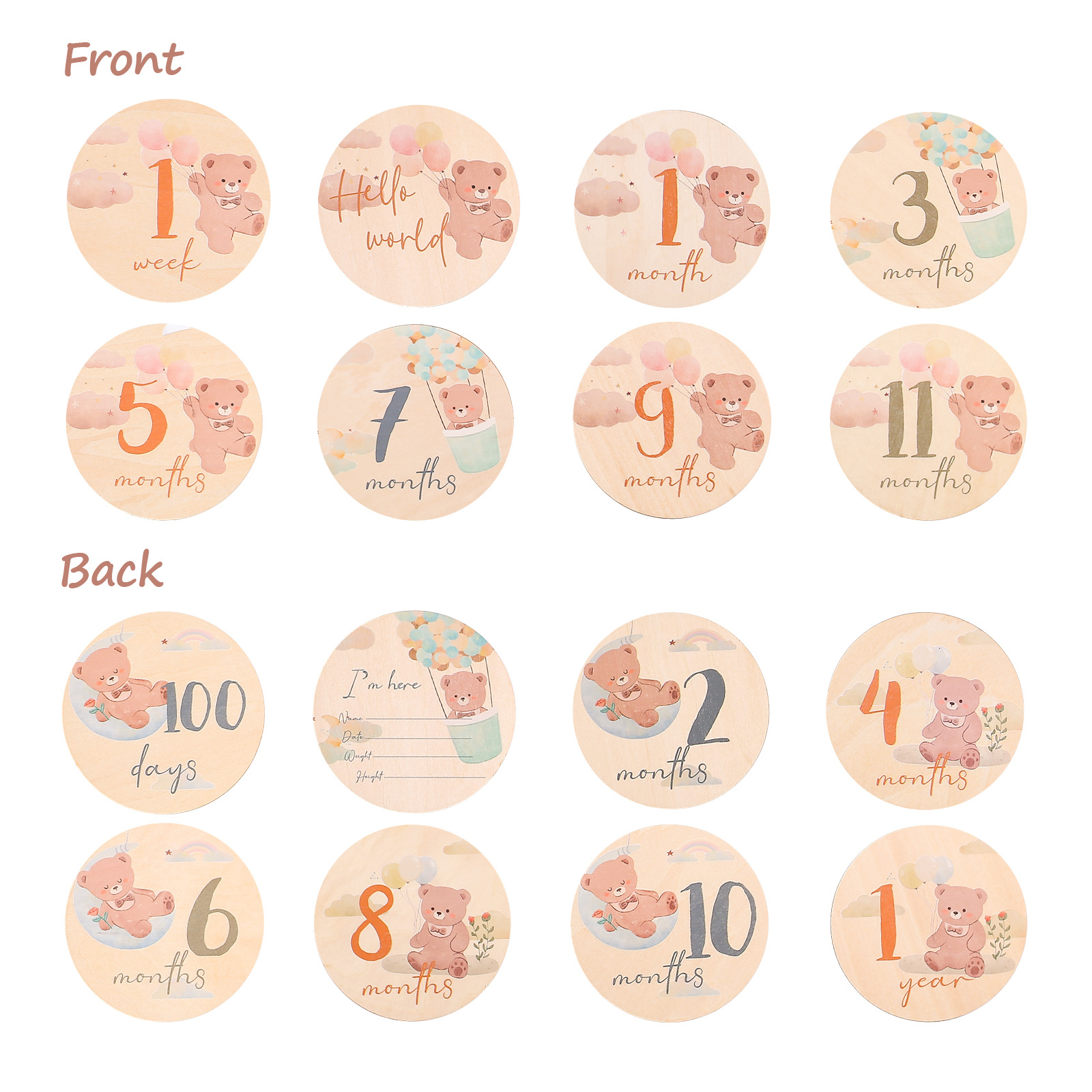 Nuevos productos transfronterizos Traje de hito de dibujos animados de madera para niños Foto de bebé Crecimiento Adornos conmemorativos Kilometraje en caja