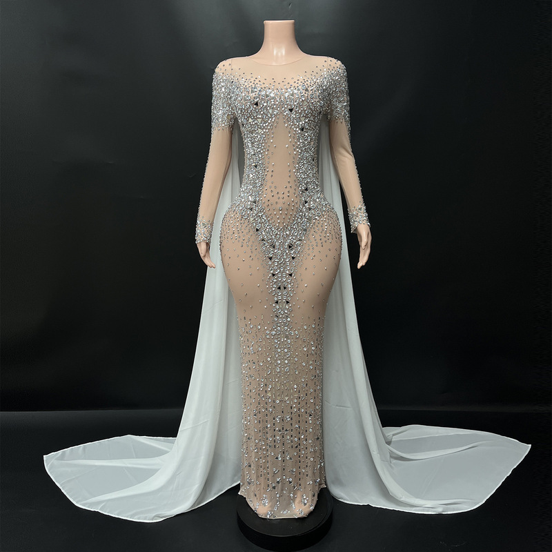 High-End Silver Sparkling Rhinestone Mermaid Gown for Birthday Photoshoot, Hosting, Runway Shows, Beauty Pageants, Banquets, and Annual Events