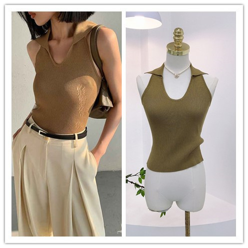 7146 Summer French Retro Sexy Backless Halter Design Turn-Down Collar Slim Fit Tank Top for Women 7146 Summer French Retro Sexy Backless Halter Design Turn-Down Collar Slim Fit Tank Top for Women