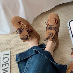 牛皮版~真皮厚底豹纹miu风绑带休闲运动鞋女德训鞋板鞋阿甘鞋