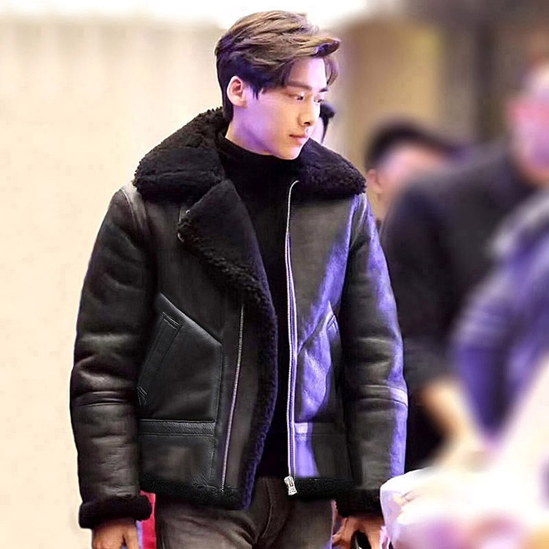 Celebrity-Style Winter European and American Aviator Black Air Force B3 Leather and Fur Integrated Men's Lapel Casual Genuine Leather Jacket