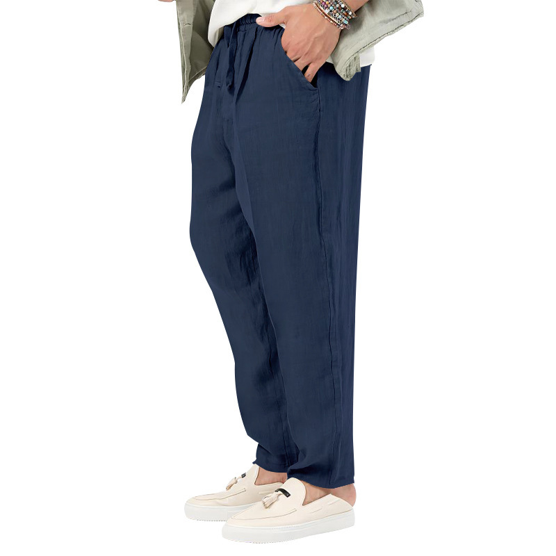 2024 Summer New Thin Men's Fashion Large Solid Casual Drawstring Cotton Hemp Pants_voghion.com