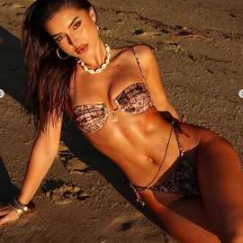 欧美新款绳比基尼高级感印花性感辣妹泳装温泉海岛bikini分体泳衣