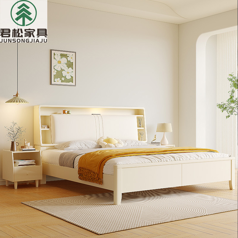 Creamy Style Solid Wood Bed, White, Simple Modern, 1.5m Home Use Master Bedroom, 1.8m Single or Double with Light and Storage, Wedding Bed