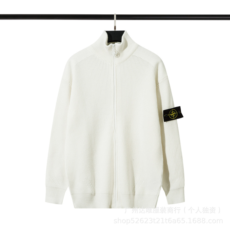 Stone Functional Zip-Up Stand Collar Knit Sweater for Autumn and Winter, Unisex Casual Solid Color Sweater with Ius Badge
