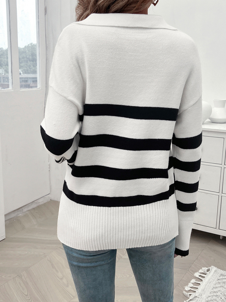Abbigliamento donna autunno e inverno donna casual ampio a righe contrasto colore bavero maglioni top donna_voghion.com
