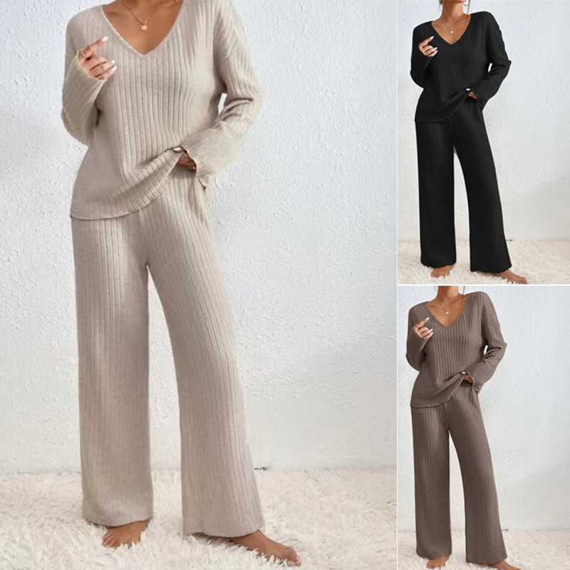 Women's Long Sleeve V-Neck Casual Lounge Set - Soft Brushed Striped Jogger Pants & Top (S-XXL, Autumn/Winter Collection)_voghion.com