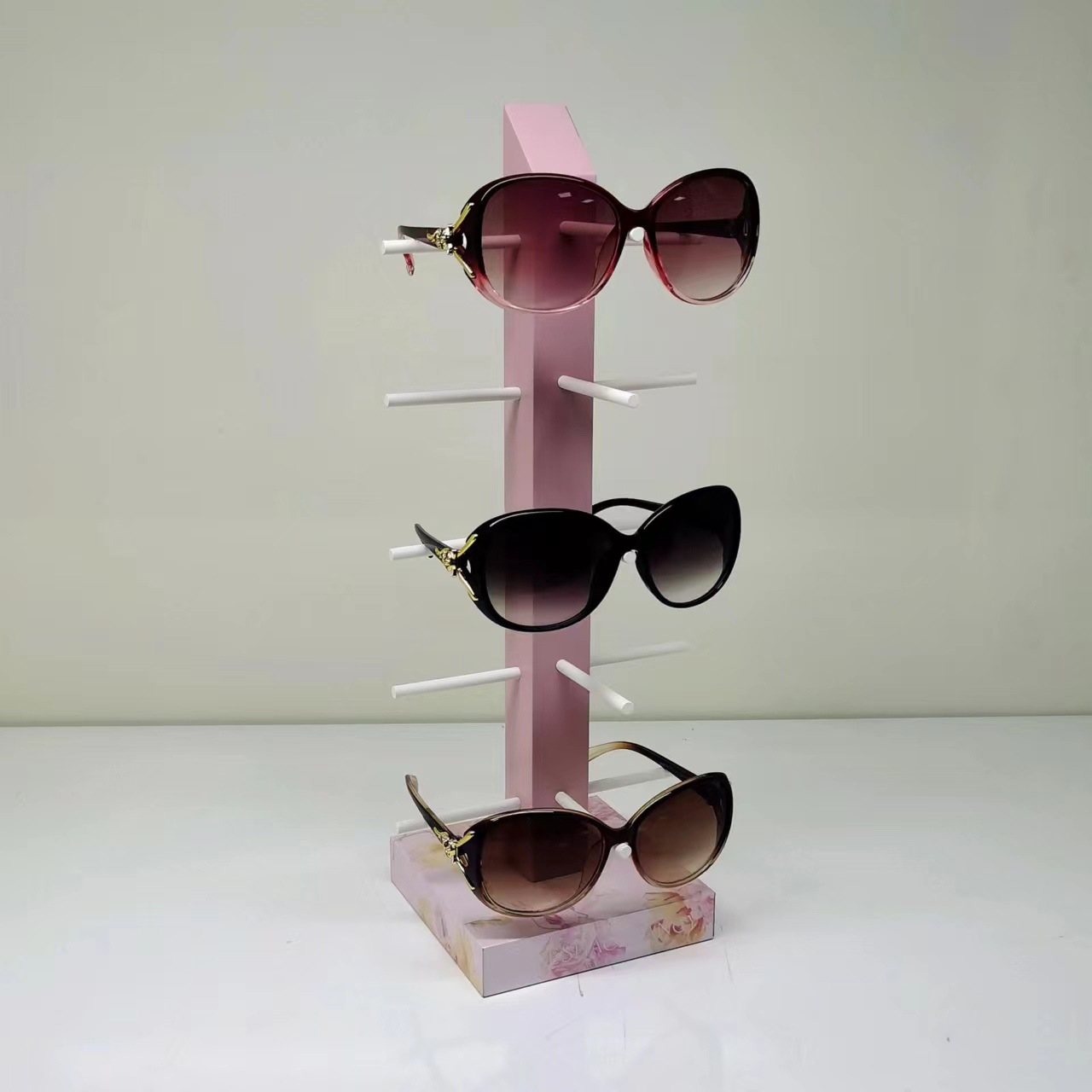 时尚耐用店用或家用白色支架粉色木制眼镜墨镜展示架收纳陈列道具