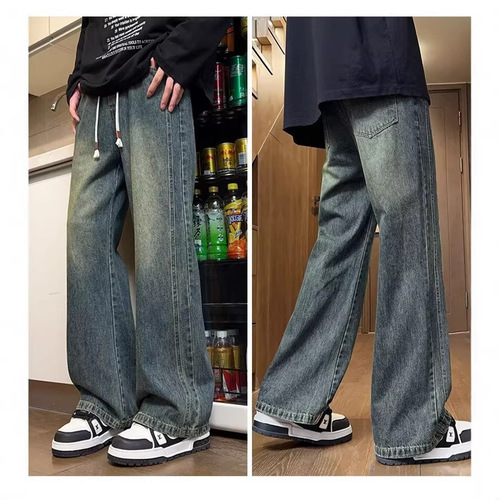 Black and gray retro jeans men's drawstring loose straight personality high street boys casual wide-leg large-size pants