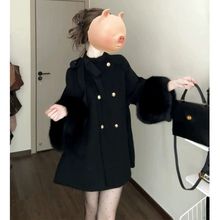 小香风赫本黑色毛呢外套女冬季大码胖mm感加厚中长款呢子大衣