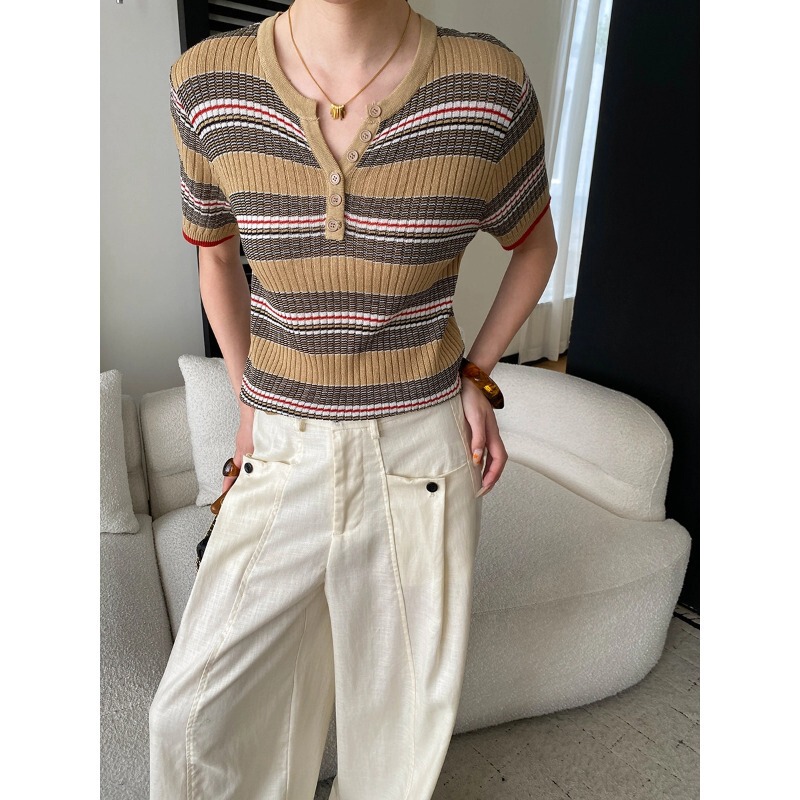 Sinnan Old Money Casual Style Tencel-Linen Blend Henley Collar Contrast Color Striped Ribbed Knit Sweater Sn8981