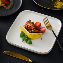 爆款白色金边磨砂牛排西餐商用创意西餐厅牛扒盘方形陶瓷日式餐具