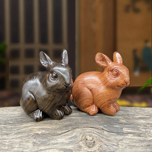Solid wood carved rabbit ornament home living room desk decoration accessory 12 zodiac sign Rabbit