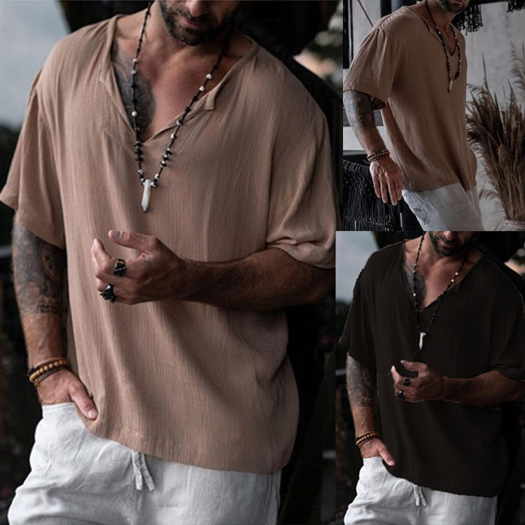 Cross-Border Summer Southeast Asian Men's Rayon Round Neck Shirt European and American Cross-Border Loose Pure Color Collar Mid-Sleeve T-Shirt Five-Quarter Sleeves