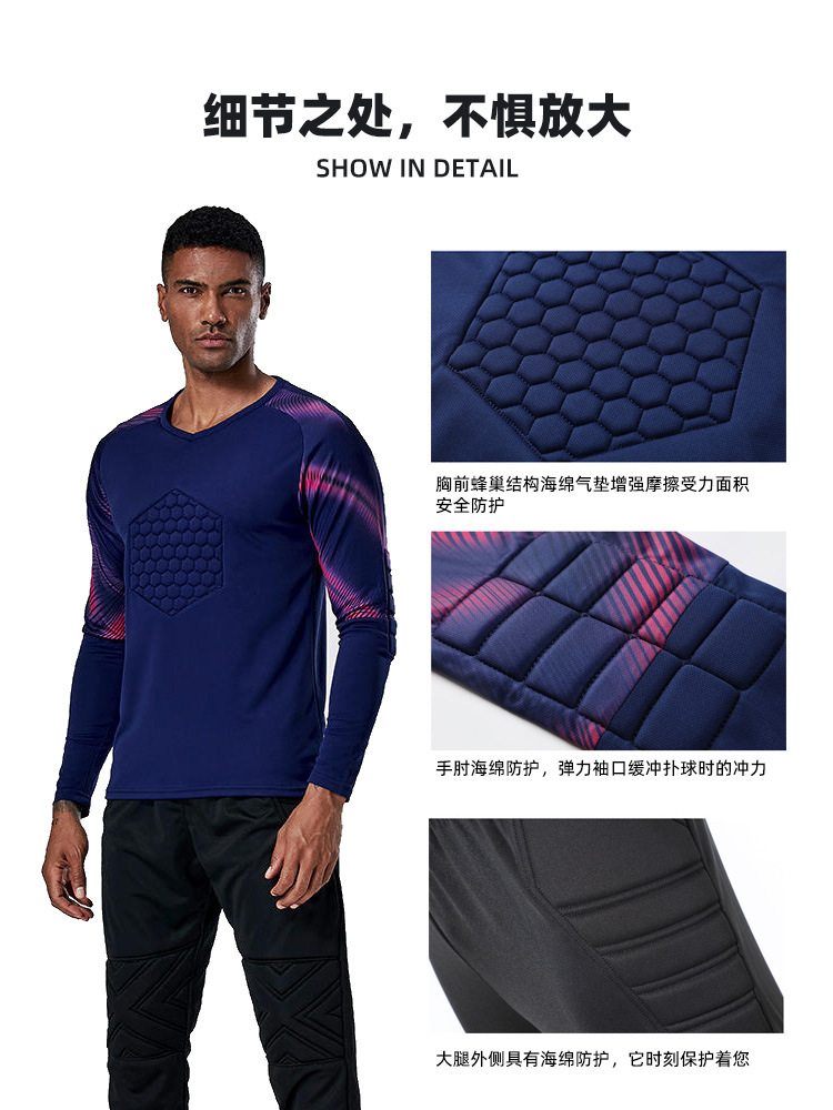 Uniforme de portero de fútbol para hombre, con almohadillas de esponja de manga larga para adultos, camiseta de uniforme de portero para entrenamiento de competición, venta al por mayor en stock.