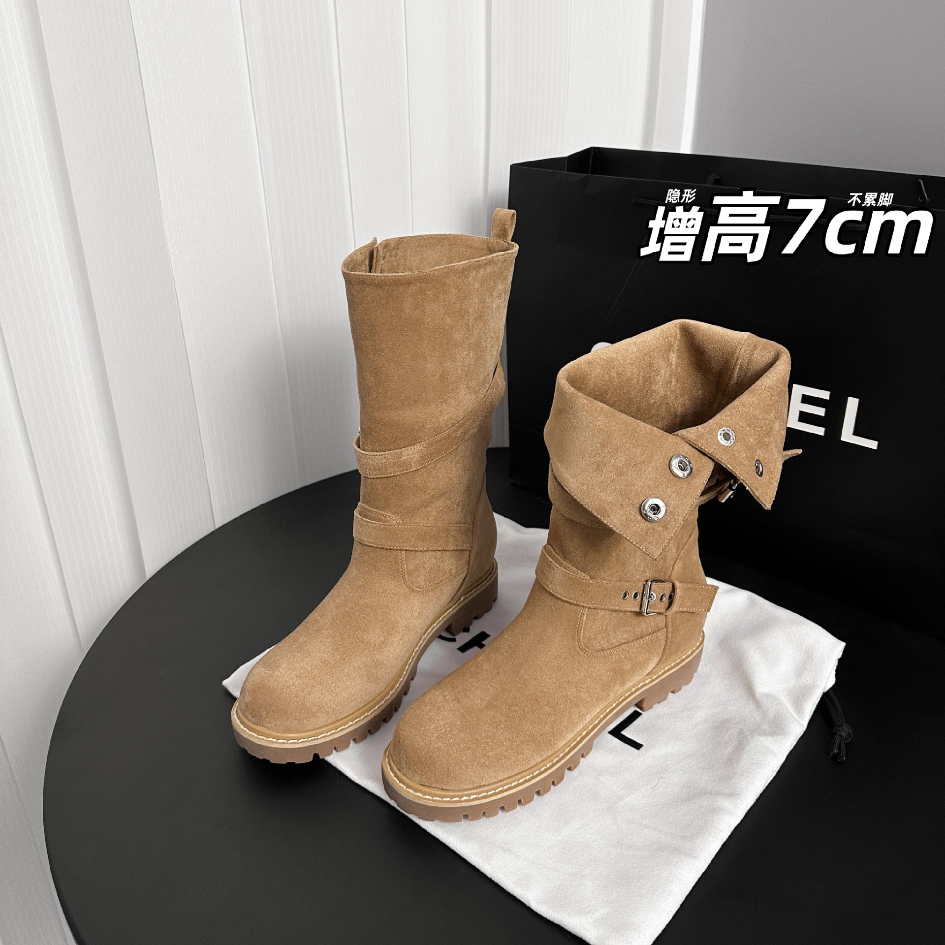 Botines Vaqueros para Mujer de 7 cm, Terciopelo con Hebilla y Suela Gruesa para Otoño e Invierno