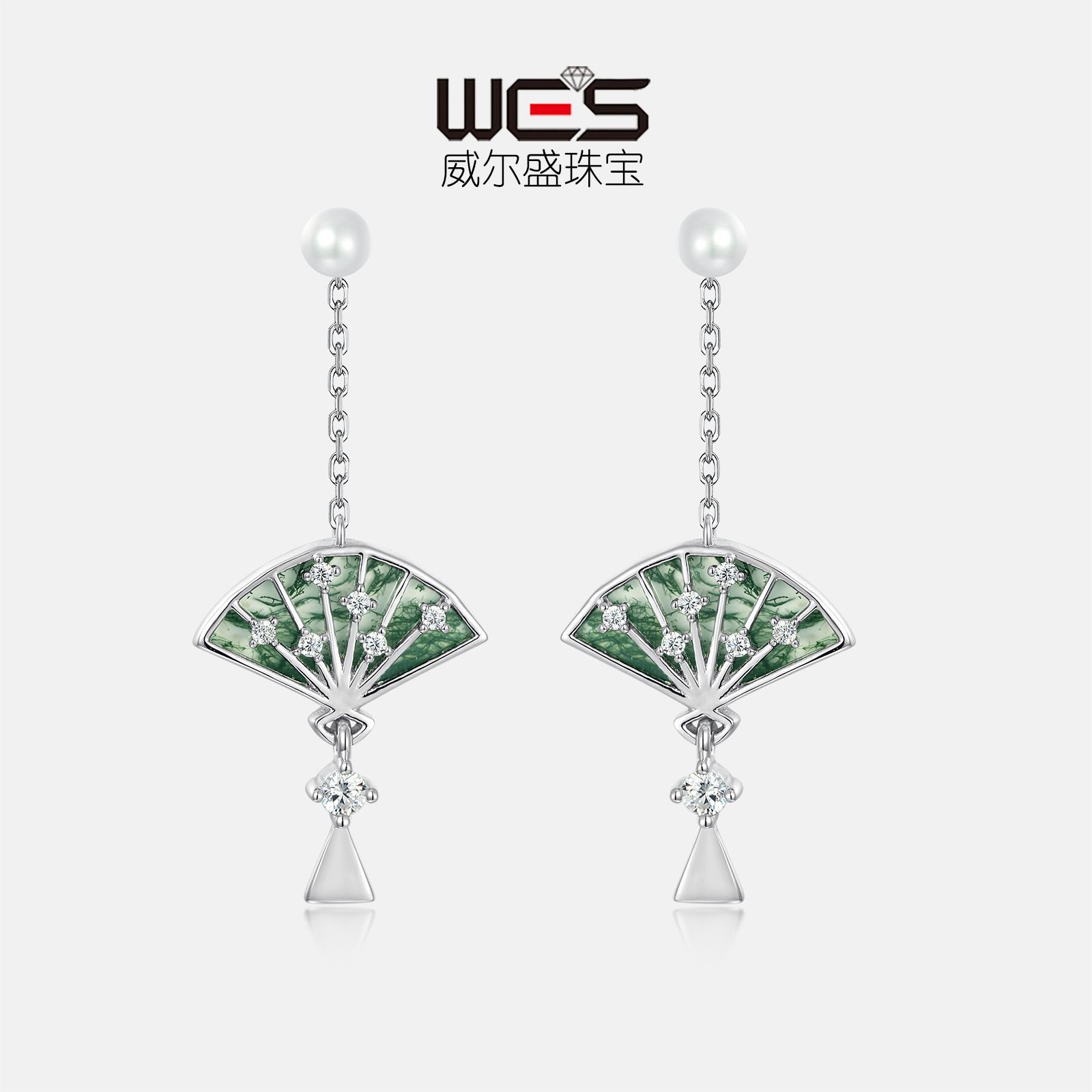 Nuevo estilo transfronterizo Abanico antiguo Pendientes de musgo verde Pendientes de ágata de hierba de agua natural de plata S925 Moda de lujo ligero