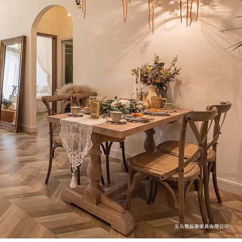 法式乡村实木复古餐桌家用饭桌美式餐厅原木桌子罗马柱长方形长桌