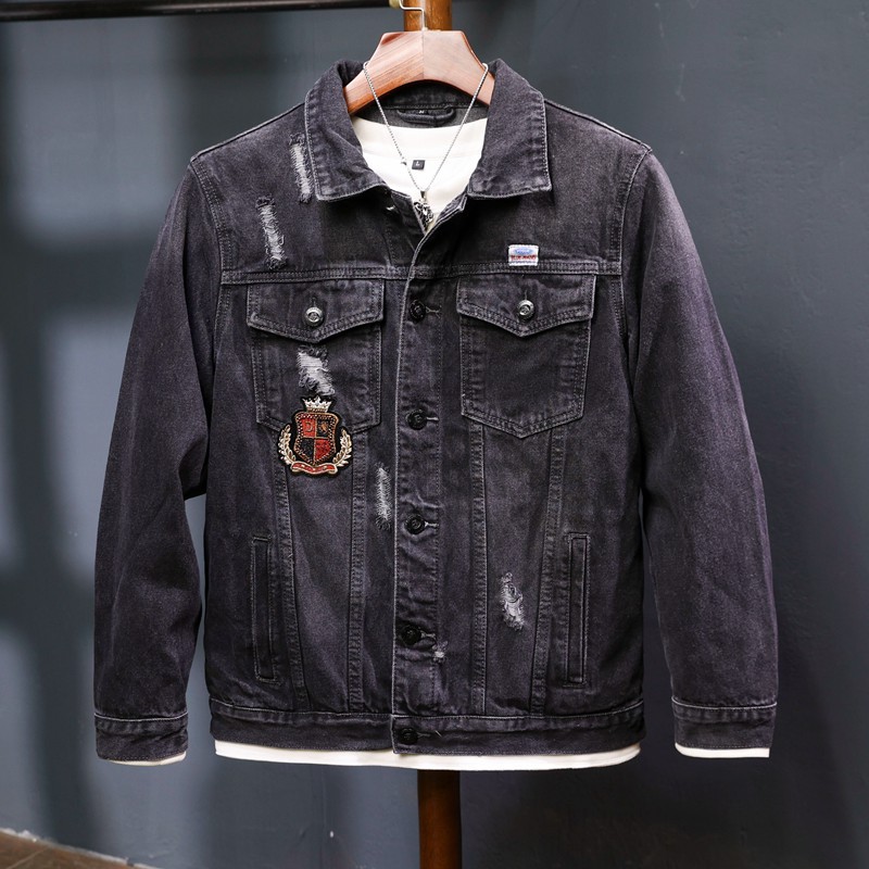 Black Beaded Denim Jacket For Men Locomotive Embroidered Style_voghion.com