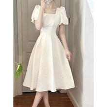 2023夏中长款白色连衣裙新款泡泡袖A字裙小众高腰设计收腰跨境