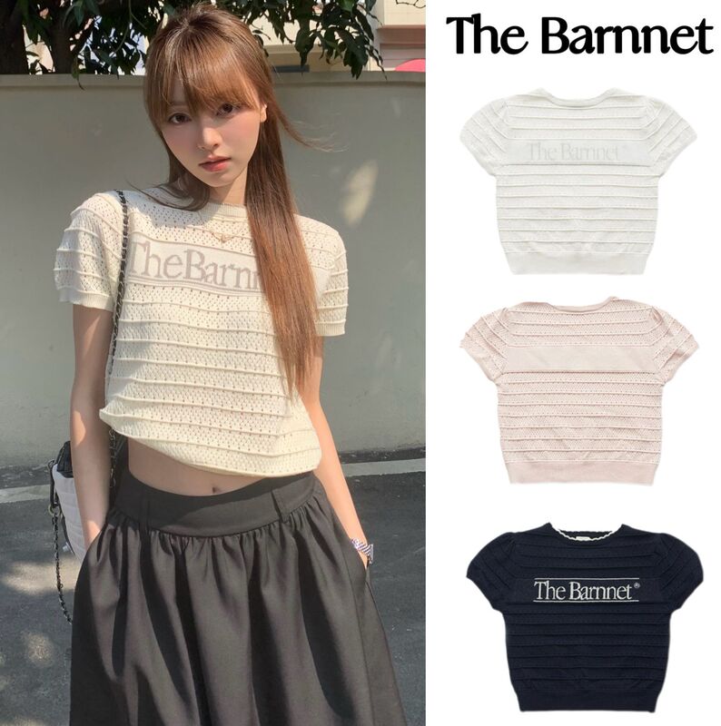 In-Stock Korean Niche Brand the Barnnet Letter Jacquard Puff Sleeve Hollow-Out Knit Top Round Neck Short-Sleeve T-Shirt for Women