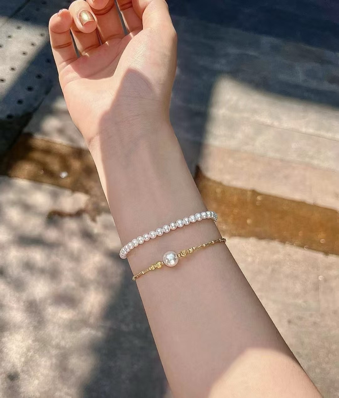 Vòng tay ngọc trai nước ngọt tự nhiên 9-10mm có thể điều chỉnh — vàng chi tiết 1