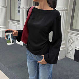 2025欧美新款纯色时尚休闲百搭收腰船领个性街头喇叭长袖上衣T恤