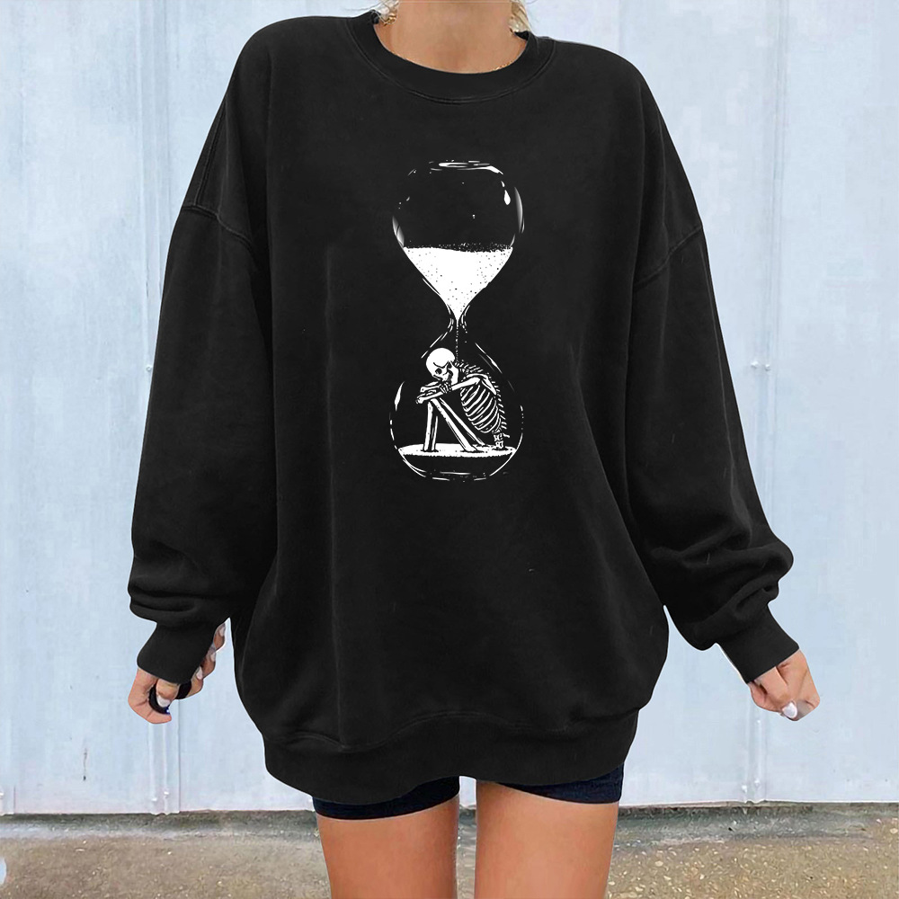 Halloween Sanduhr Skelett Fleece Rundhals Pullover Tropfen Schulter Langarm Herbst/Winter Warm Top Unisex_voghion.com