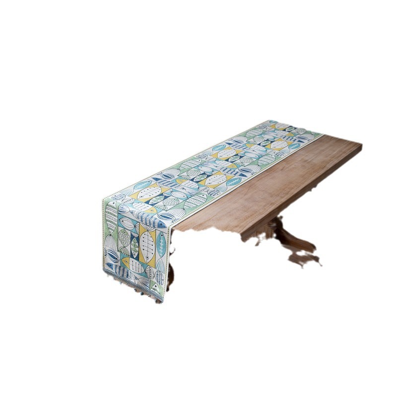 Tovaglia in poliestere con nappe in ciniglia a piccoli pesci verdi annuali, runner da tavola fresco_voghion.com