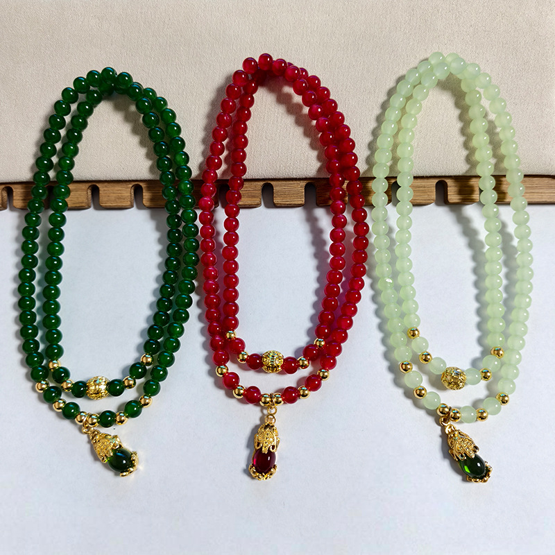 Multi-Turn Glass Anti-Emerald Agate Red Aventurine Pixiu Bracelet Gold Beads Lucky Pixiu Bracelet Jewelry Wholesale
