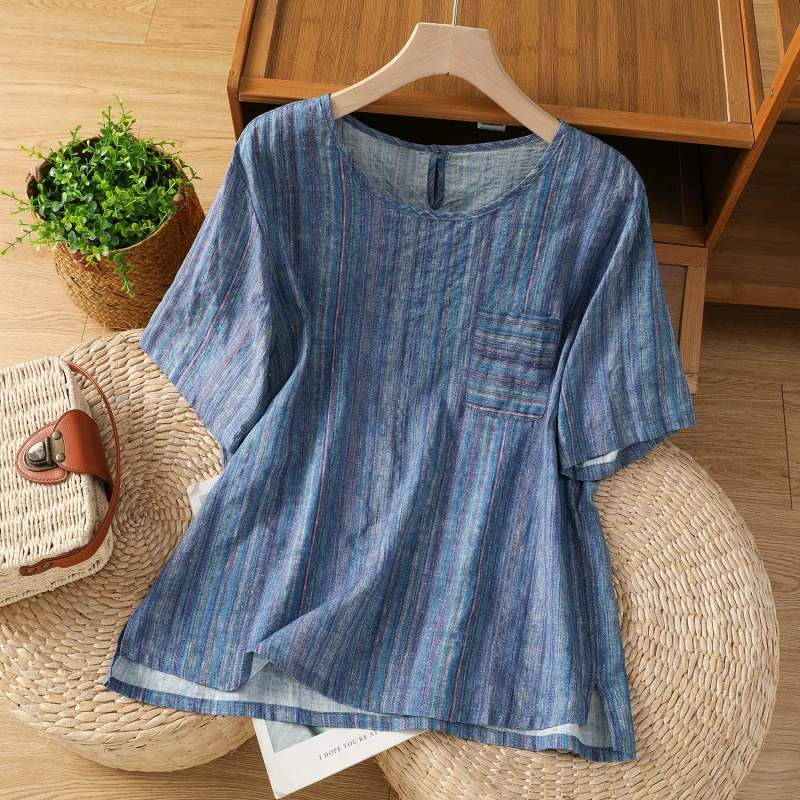 2025 новый летний стиль ретро литературные полоски свободная повседневная футболка с круглым вырезом и короткими рукавами для женщин