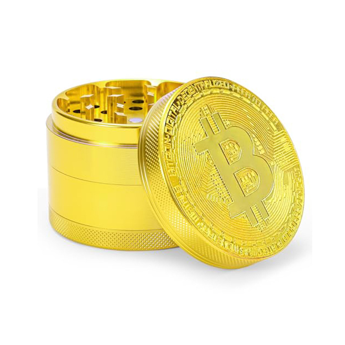 Bitcoin Molinillo de monedas de oro 50MM Molinillo de monedas de metal plano de color dorado de cuatro capas Grinder