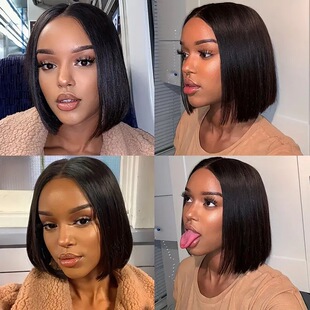 Amazon European and American fashion front lace wave head wig bobo head medium split short straight hair chemical fiber full head cover wig