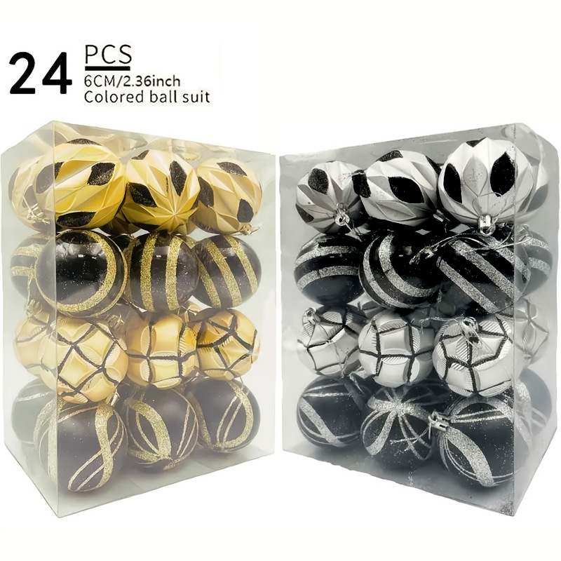 Bola de Navidad Juego de 6cm 24 Juego de oro negro en forma especial Juego de adornos de árbol de Navidad Bola de decoración de atmósfera de centro comercial de plata negra