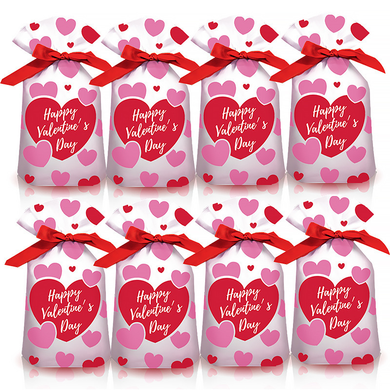 10个浪漫情人节丝带抽绳袋 DIY大红爱心糖果巧克力饼干礼品包装袋