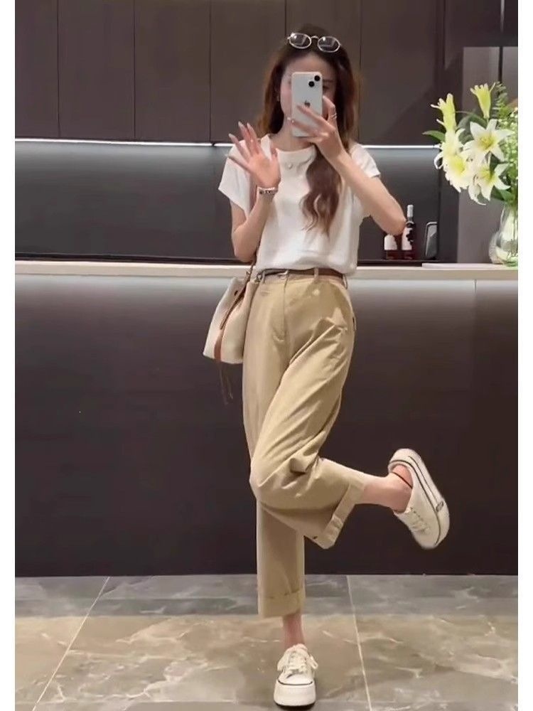 Bộ đồ thể thao nữ mùa hè áo thun phối quần jogger 2 món — Quần Xanh (Single Piece), Quần kaki (Single Piece), Áo Trắng (Single), Áo trắng+quần kaki chi tiết 3
