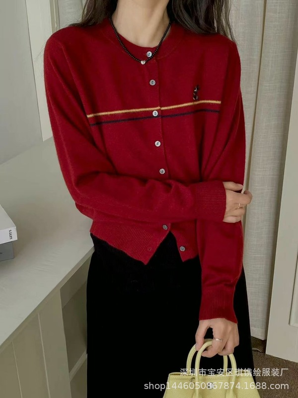 琪镌绘制条纹圆领针织开衫女秋季新款日韩宽松休闲风长袖外套w75|undefined