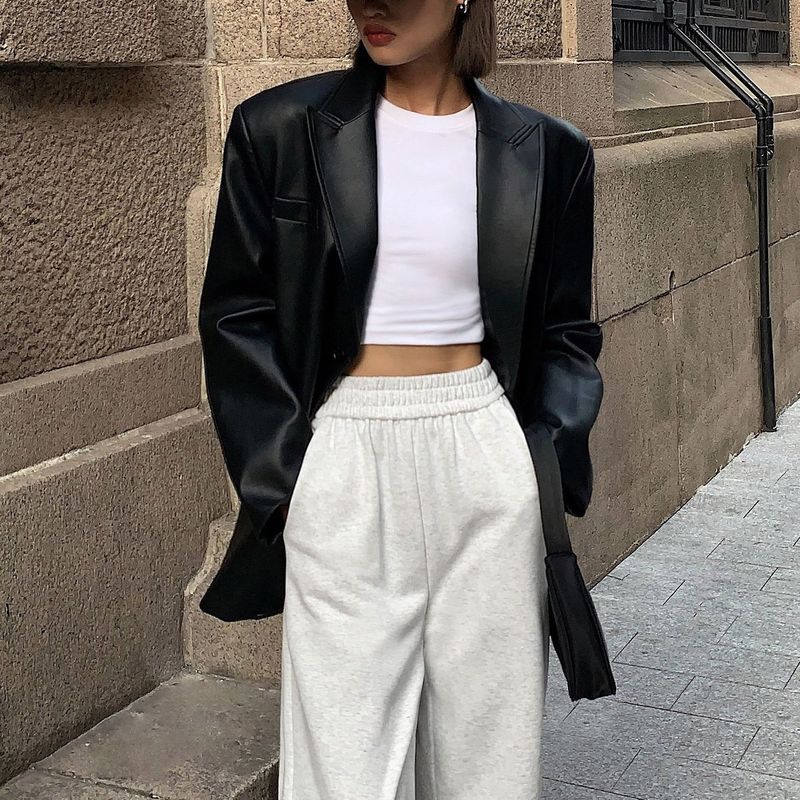 复古宽松黑色PU皮衣西装外套女2025秋季新款高级质感休闲西服上衣|undefined
