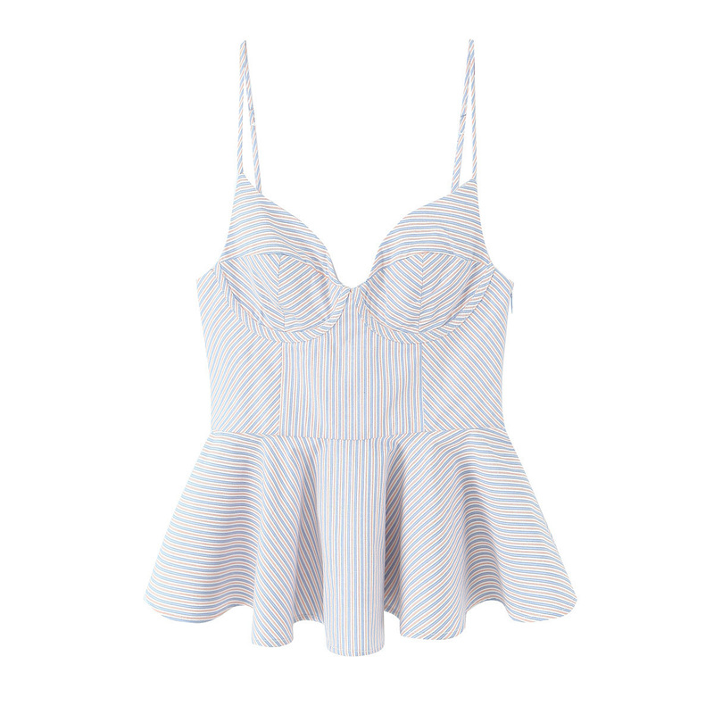 Trendy Spicy Girl Deep V-Neck Puffy Hem Sleeveless Top French Pure Desire Style Striped Poplin Waist-Cinching Camisole