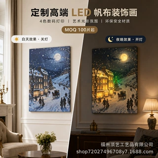批发定制圣诞节装饰 LED 帆布画 复古街景马车挂画 帆布印刷跨境