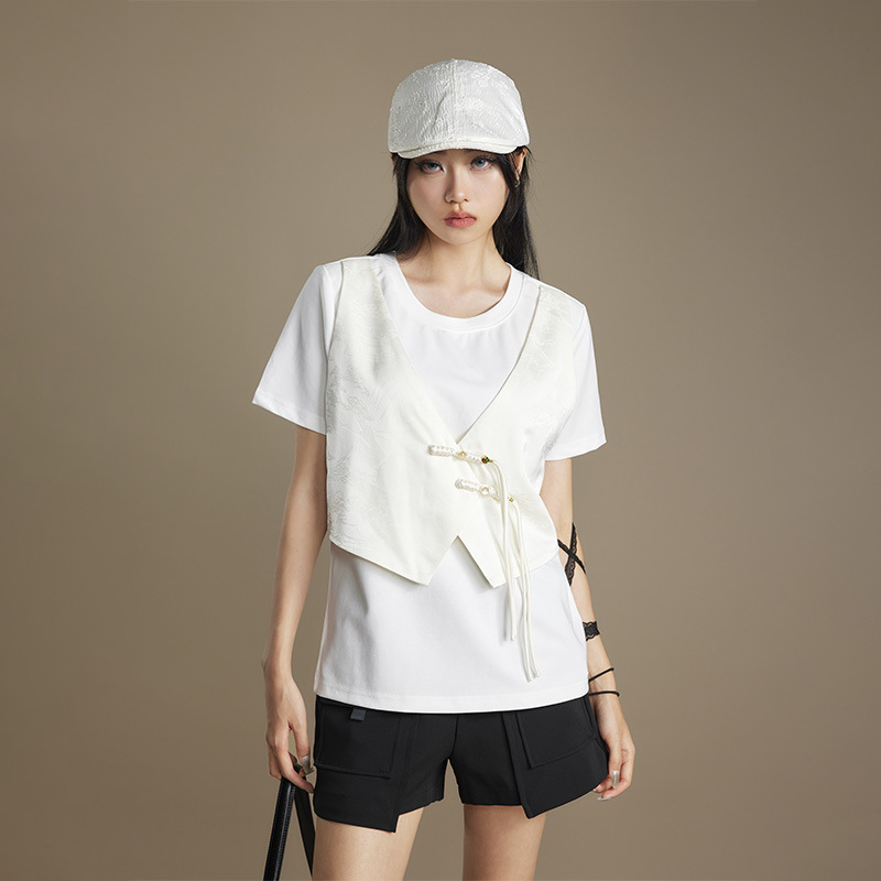 Special Offer: 98 Yuan. Tuogu New Chinese-Style Patterned Short-Sleeve T-Shirt for Women, Summer National Style Top with Faux Two-Piece Vest Design