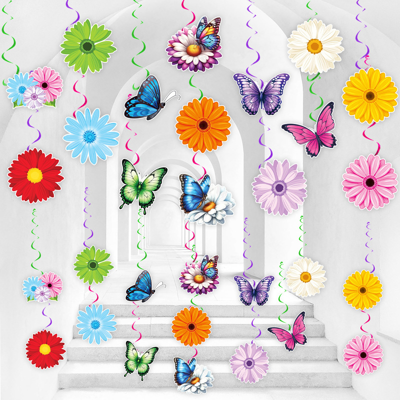 Spring Butterfly Flower Theme Spiral Charms Birthday Event Party Flower Card Hanging Charms Supplies Decoration