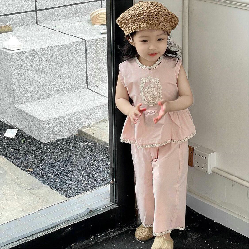 Girls' Outfit Set with Cotton Lace Stand-Up Collar Top and Long Pants, 2026 Summer New Style, Foreign Trade Children's Clothing, Wholesale for Ages 3-8