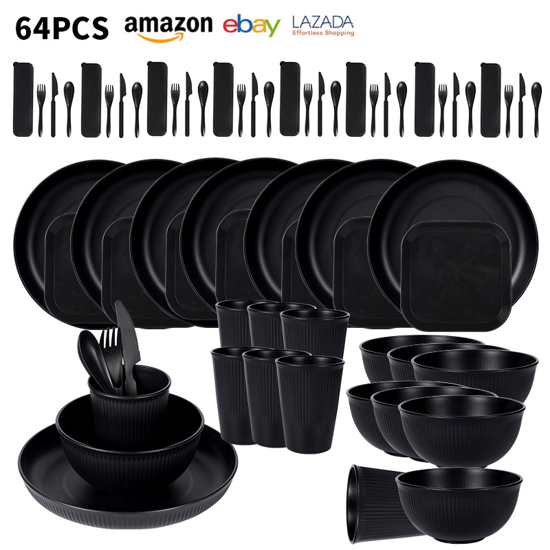 Cross-border Amazon Black Wheat Straw 8-Person Set Bowls Plates Cups Tableware Forks Spoons Portable Cutlery Outdoor Set