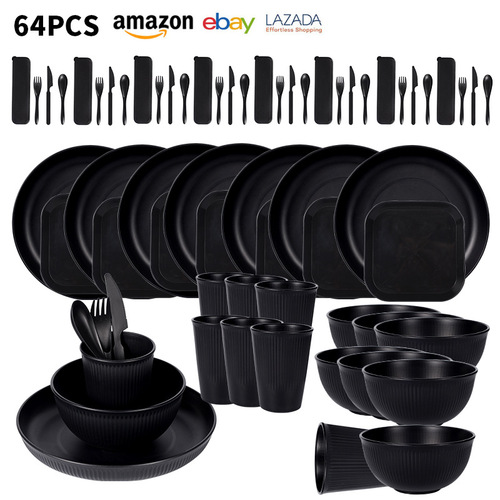 Cross-border Amazon Black Wheat Straw 8-Person Set Bowls Plates Cups Tableware Forks Spoons Portable Cutlery Outdoor Set